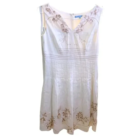 Antonio Melani Linen Sleeveless Floral Beige Cream Tan Shift Dress 6 Embroidery - Picture 11 of 14